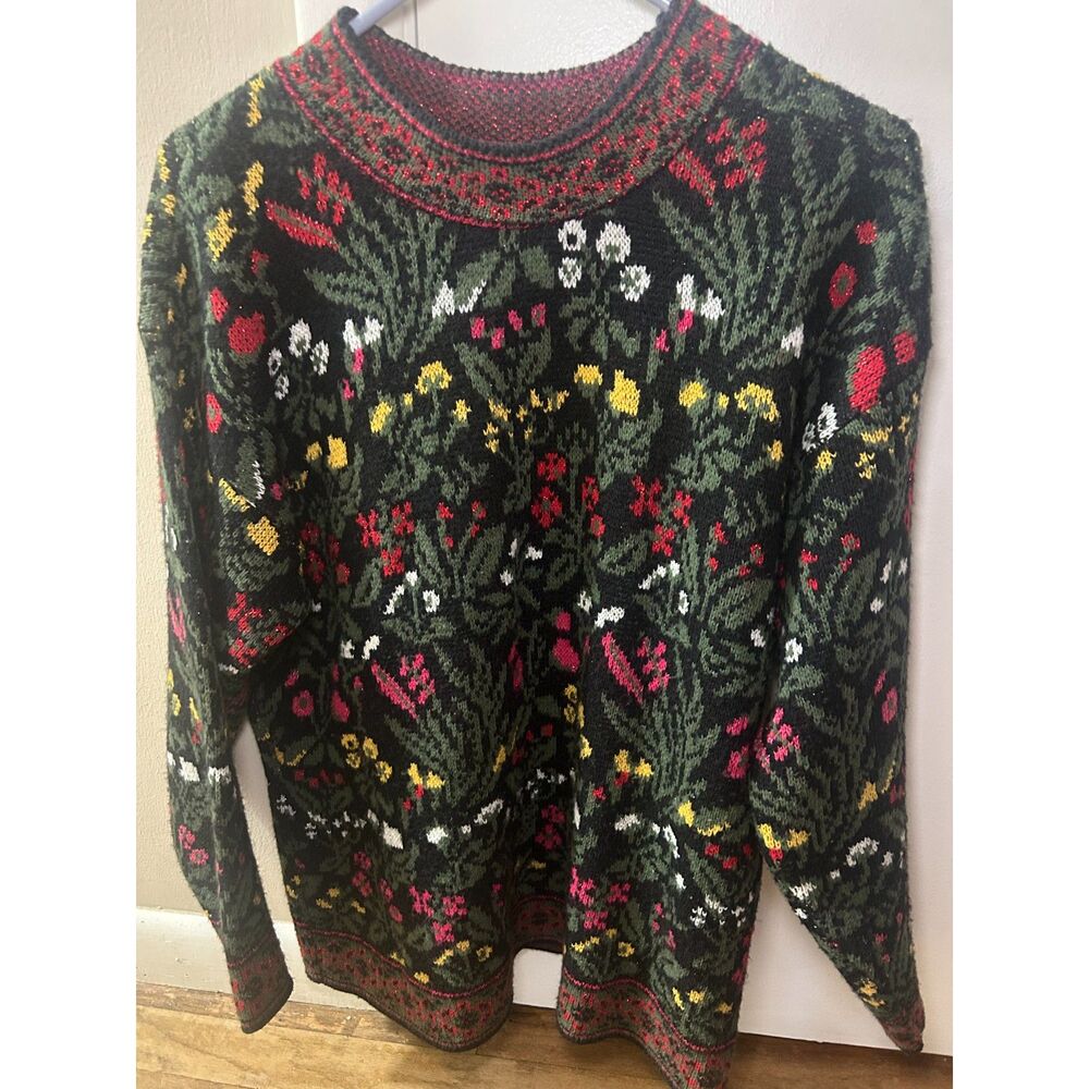 Vintage Floral Knit Sweater Metallic Lurex Sparkle Whimsigoth Grandmacore XS - Picture 3 of 4